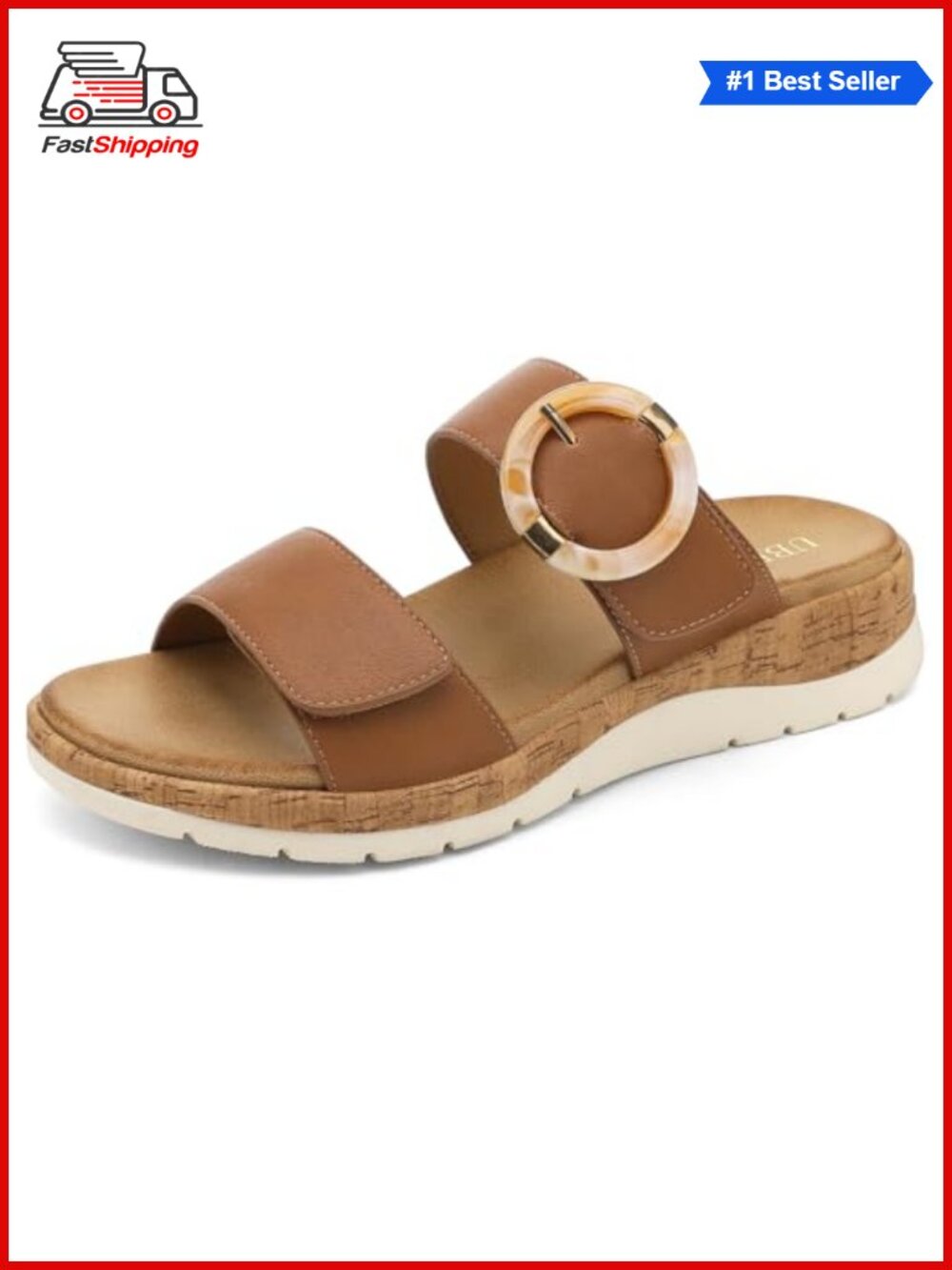 UBFEN Womens Low Wedge Slides with Adjustable Strap, Arch Support, Memory Foam,